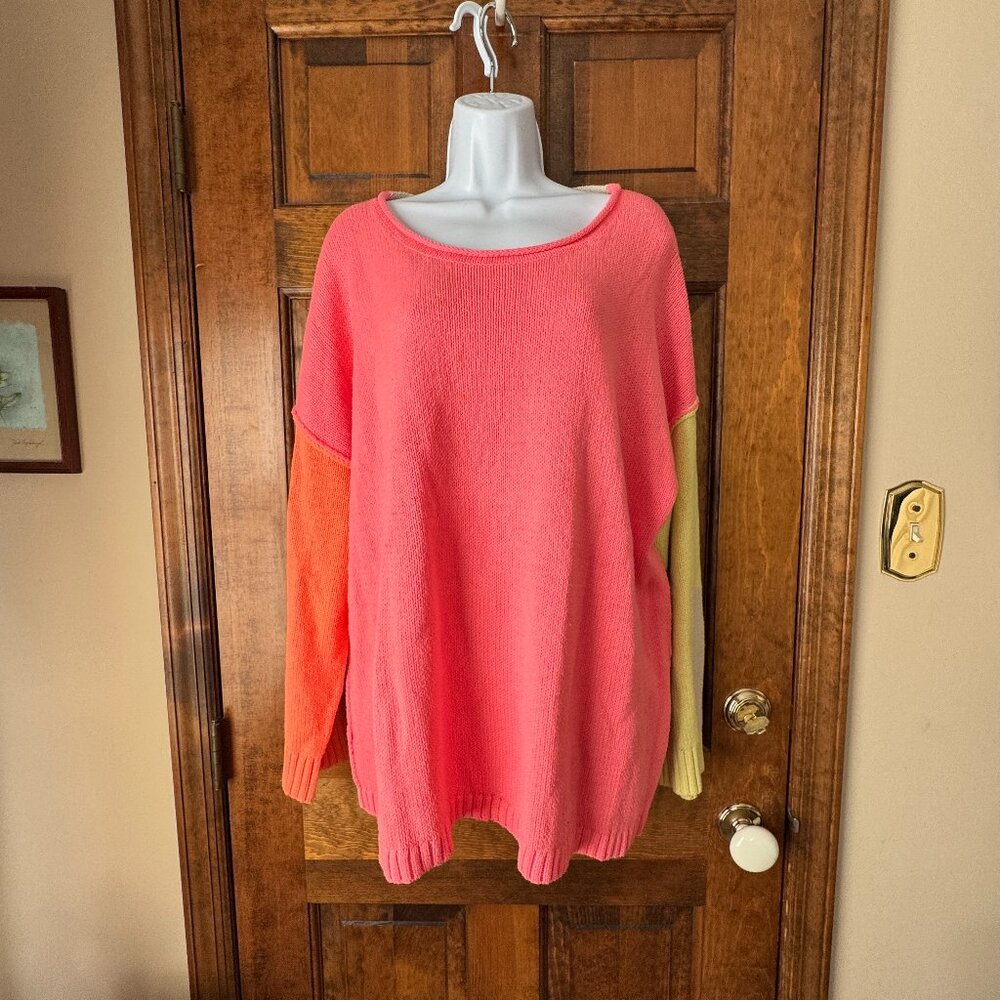 Lisa Todd Color Block Salmon, Cream, Orange, Yellow & Beige Pullover Sweater 2X
